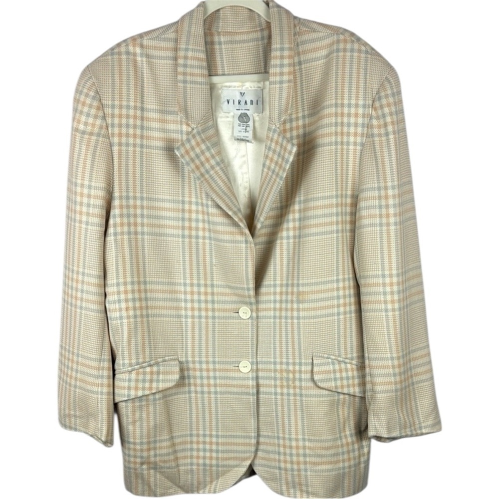 Vintage Virani Cream Plaid 100% Wool Blazer with Windowpane Pattern Size 12